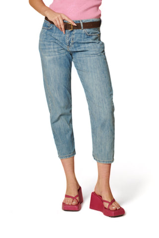 Pantaloni relaxed in denim chambray con cintura