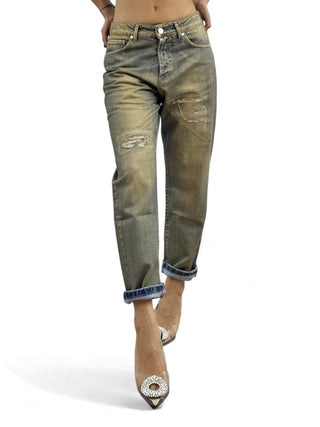 Pantaloni relaxed in denim perlato oro