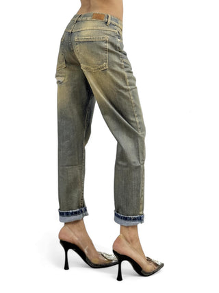 Pantaloni relaxed in denim perlato oro