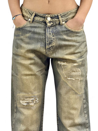 Pantaloni relaxed in denim perlato oro