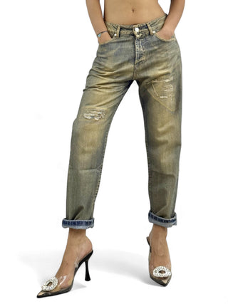 Pantaloni relaxed in denim perlato oro