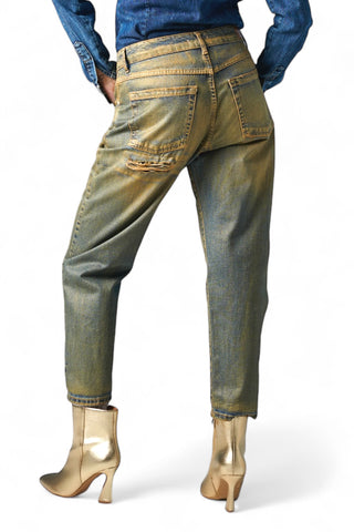 Pantaloni relaxed in denim perlato oro