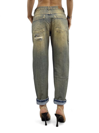 Pantaloni relaxed in denim perlato oro