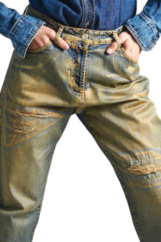 Pantaloni relaxed in denim perlato oro