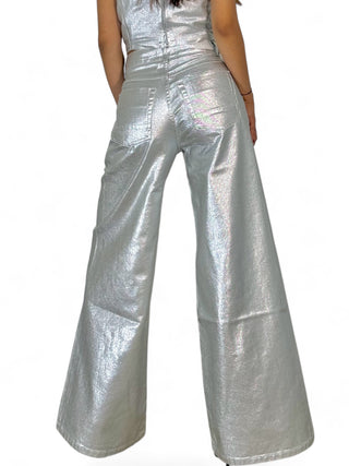 Pantaloni wide leg in metallic denim silver