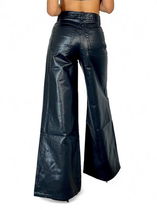 Pantaloni wide leg in metallic denim black