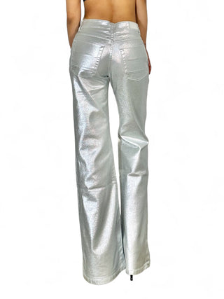 Pantaloni flared a zampa in metallic denim silver