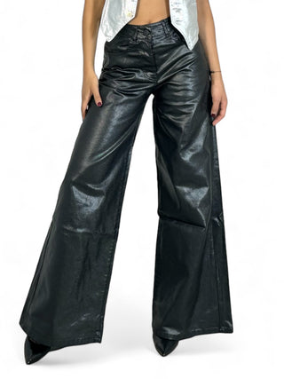 Pantaloni wide leg in metallic denim black