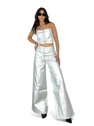 Pantaloni wide leg in metallic denim silver