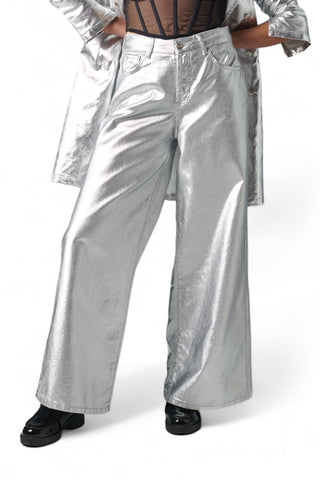 Pantaloni wide leg in metallic denim silver