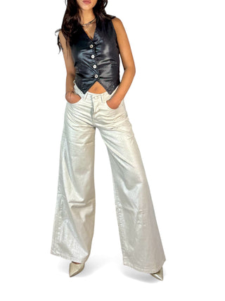 Pantaloni wide leg in metallic denim ecrù