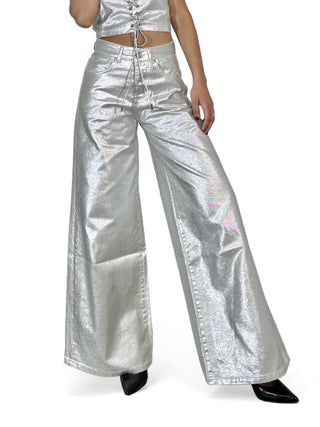 Pantaloni wide leg in metallic denim silver