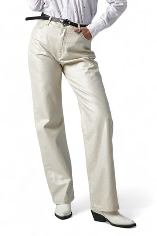 Pantaloni straight in metallic denim ecrù