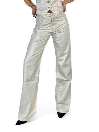 Pantaloni straight in metallic denim ecrù