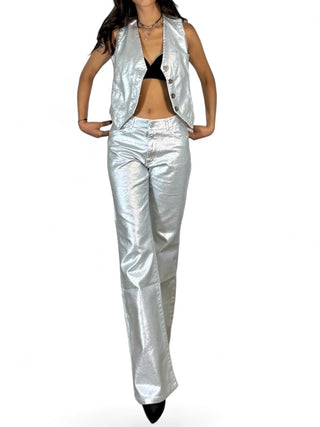 Pantaloni flared a zampa in metallic denim silver