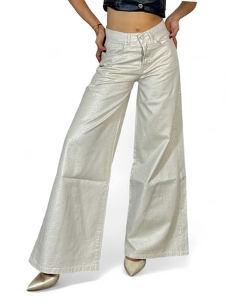 Pantaloni wide leg in metallic denim ecrù