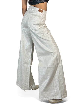 Pantaloni wide leg in metallic denim ecrù