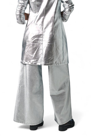 Pantaloni wide leg in metallic denim silver