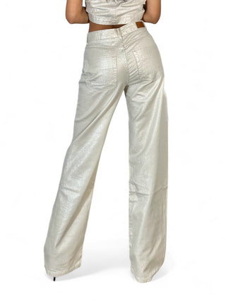 Pantaloni straight in metallic denim ecrù