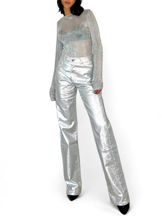 Pantaloni straight in metallic denim silver