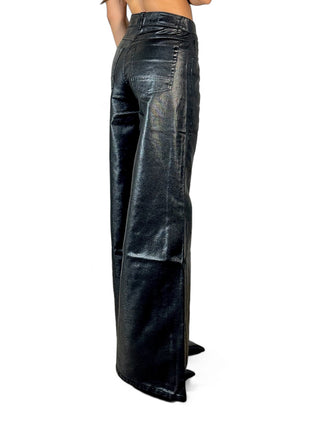 Pantaloni wide leg in metallic denim black