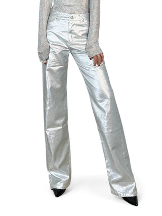 Pantaloni straight in metallic denim silver