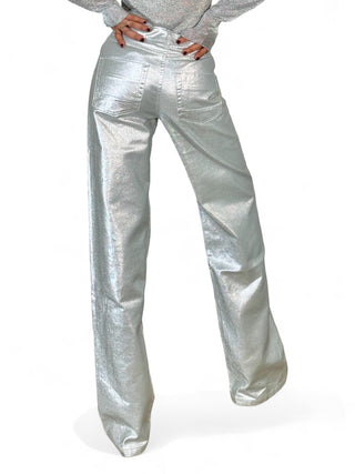 Pantaloni straight in metallic denim silver