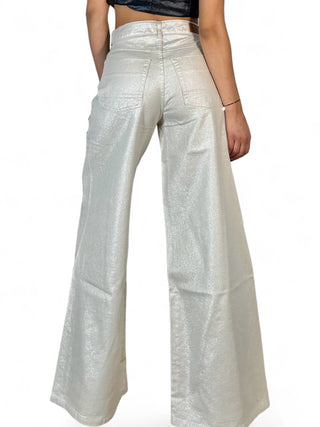 Pantaloni wide leg in metallic denim ecrù