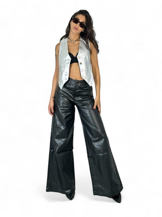 Pantaloni wide leg in metallic denim black