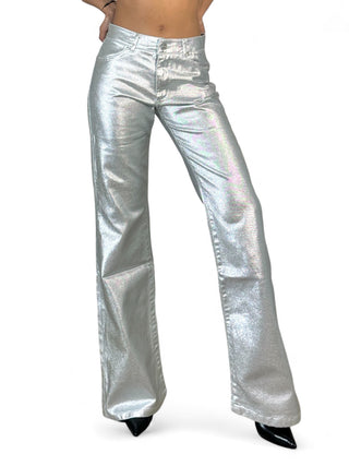 Pantaloni flared a zampa in metallic denim silver