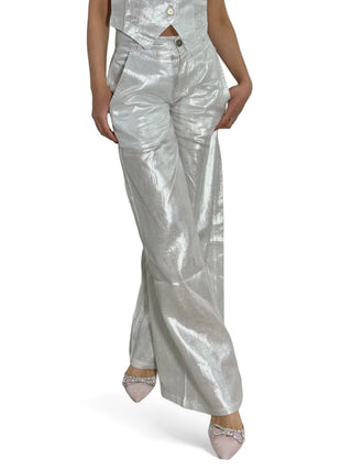 Pantaloni wide leg a tasca america in lino laminato argento