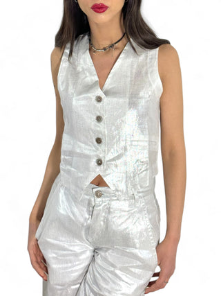 Gilet basic in lino laminato argento