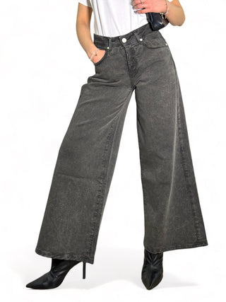 Pantaloni wide leg in drill nero