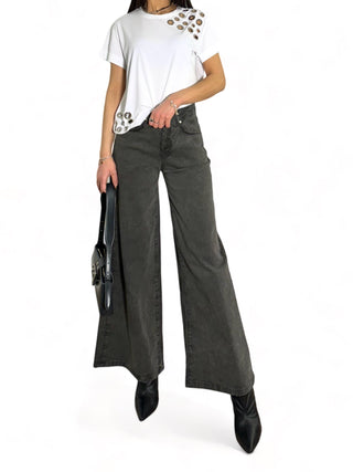 Pantaloni wide leg in drill nero