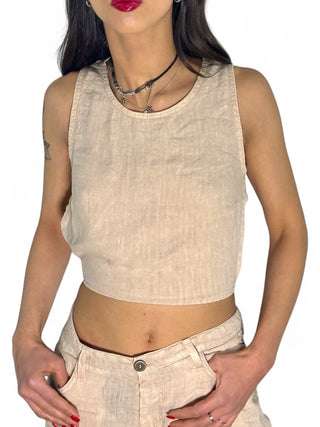 Summer top beige con lacci in puro lino acid wash