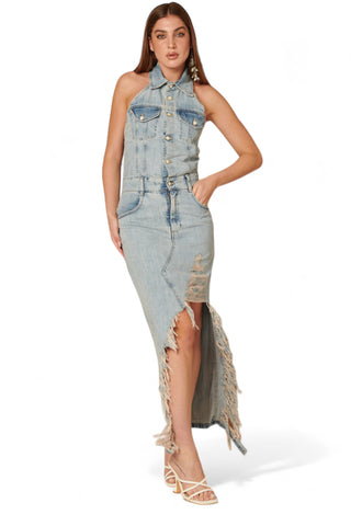 Vestito denim destroyed con scollo all'americana